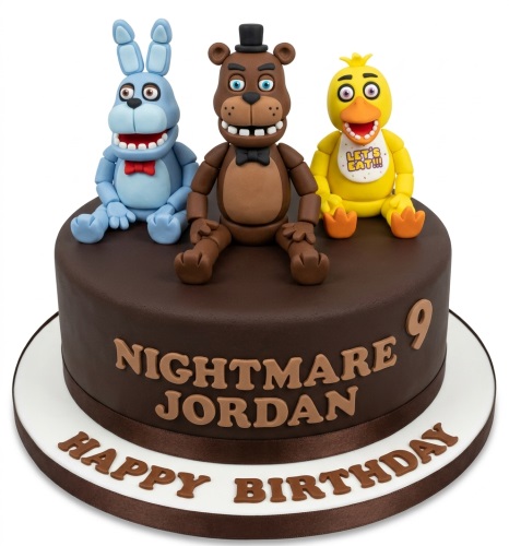 Round chocolate birthday cake with Five Nights at Freddy's characters and custom age.