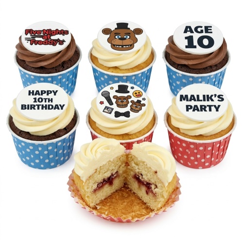 Five Nights at Freddy's themed cupcakes with Freddy Fazbear toppers and custom age/message.
