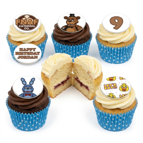 Five Nights at Freddy's themed cupcakes with Freddy, Bonnie, Chica toppers, custom age, and personalised message.