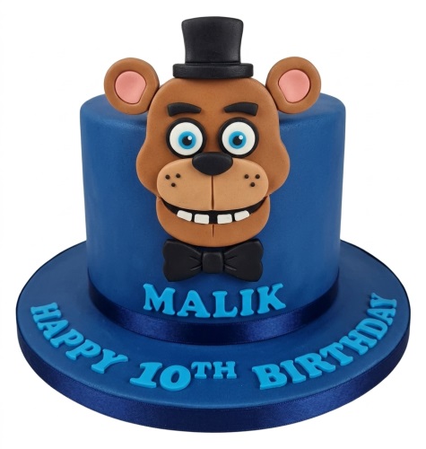 Blue Five Nights at Freddy's birthday cake with Freddy Fazbear face and custom age