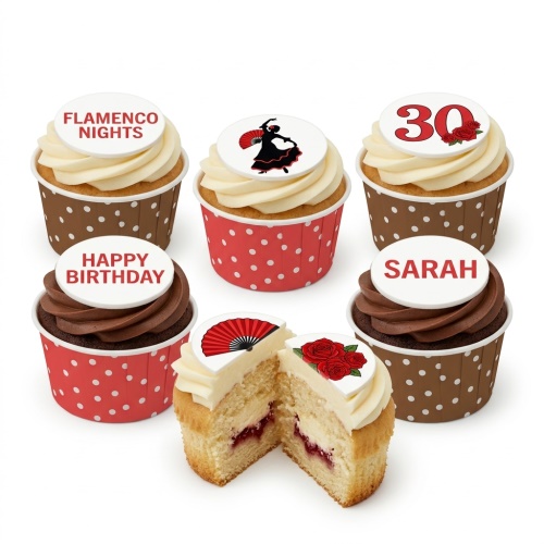 Six cupcakes with flamenco dancer, fan, and rose toppers. Some have "Flamenco Nights", "Happy Birthday", "30", and "Sarah" messages.