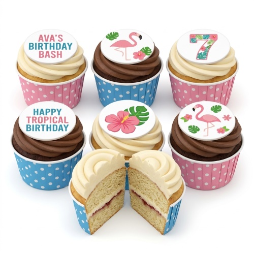 Tropical flamingo and hibiscus cupcakes with custom age topper and personalised message.