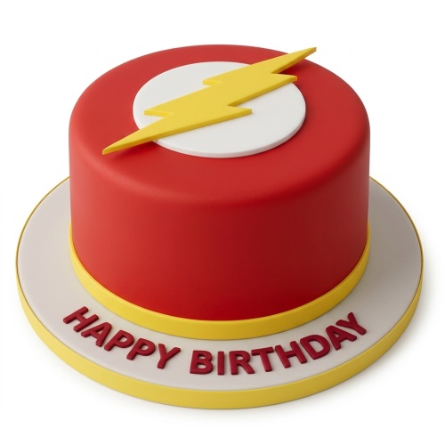 Red Flash superhero birthday cake with yellow lightning bolt and "Happy Birthday" message.