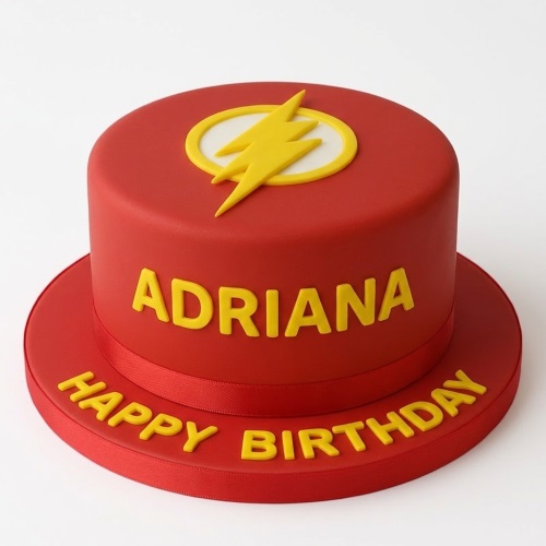 Red round cake with yellow Flash lightning bolt symbol and custom happy birthday message.