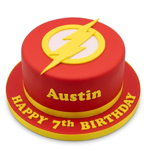 Round red cake with a yellow lightning bolt Flash logo on top, and space for a custom name and age.