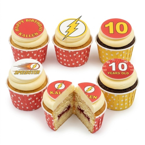 The Flash superhero cupcakes with lightning bolt toppers, custom age, and personalised name.