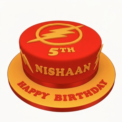 Red and yellow Flash superhero birthday cake with lightning bolt logo and custom age.