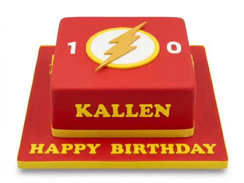 Red and yellow square Flash superhero birthday cake with lightning bolt logo, custom age, and personalised name.