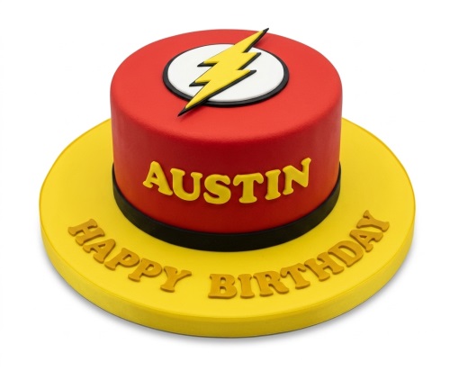 Red and yellow Flash superhero birthday cake with lightning bolt logo and custom name