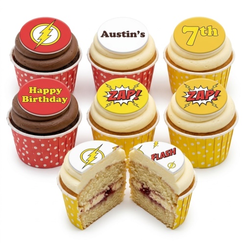 Cupcakes with The Flash logo, Zap! comic bursts, and Happy Birthday toppers.