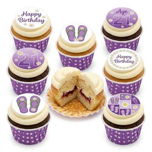 Birthday cupcakes with white icing, purple polka dot wrappers, daisy and flip-flop toppers, and custom age option.