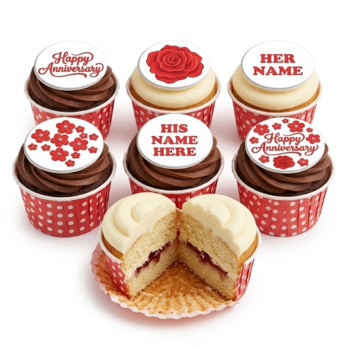 Six anniversary cupcakes with white and red floral toppers and custom name placeholders.