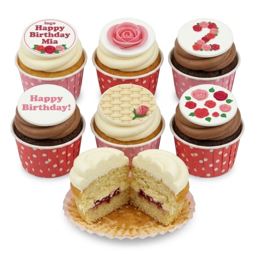 A box of floral themed birthday cupcakes with rose decorations and customisable messages.