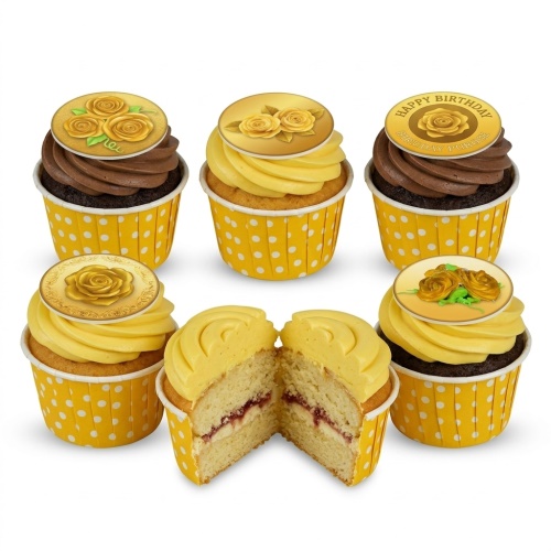Six cupcakes with yellow polka dot wrappers, some with chocolate frosting and some with yellow frosting. Each has a gold rose themed edible topper, and one says "Happy Birthday". One cupcake is cut open revealing jam filling.