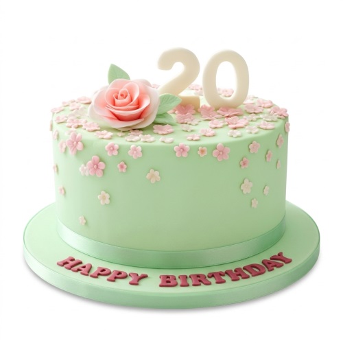 Round pastel green cake with pink sugar rose, small flowers, and custom age topper.