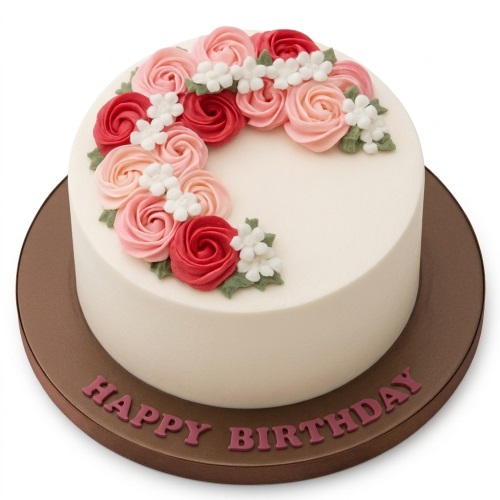 Round white birthday cake with pink and red buttercream roses and white accent flowers.