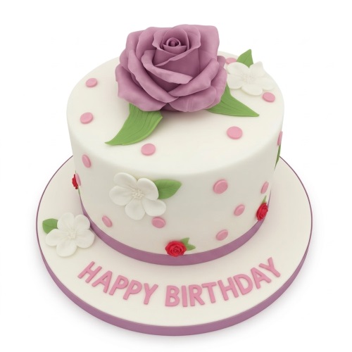 White round single-tier cake with a large purple rose, white and red flowers, green leaves, pink polka dots, and a purple ribbon. The cake board reads 'Happy Birthday' in pink.