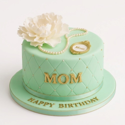 Elegant mint green round birthday cake with white sugar flower, pearl string, and gold lettering.