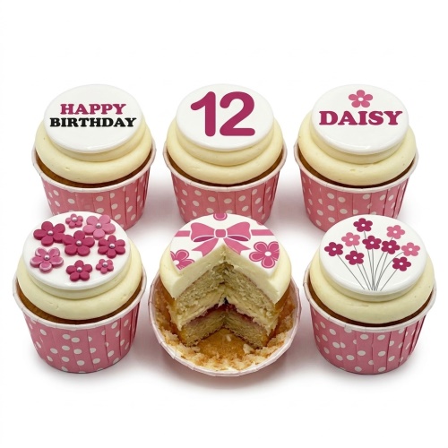 Pink floral birthday cupcakes with custom age and personalised name options.