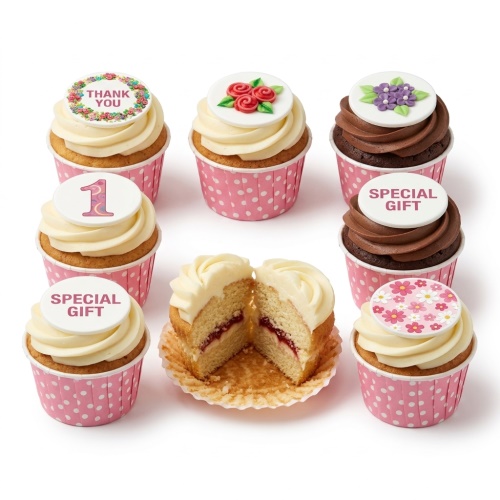 Assortment of floral birthday cupcakes with white and chocolate frosting, pink polka dot wrappers, and various edible flower and message toppers.