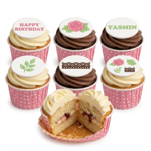 Vanilla and chocolate cupcakes with white frosting, pink polka dot cases, and edible floral, lace, and personalised birthday message toppers.