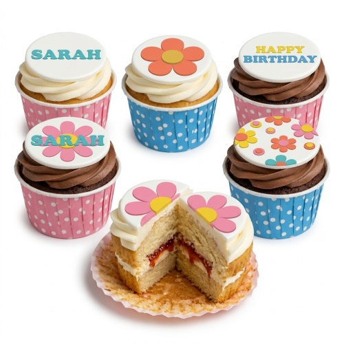 A selection of cupcakes with white and chocolate frosting, topped with retro floral designs and 'Happy Birthday' or a custom name.