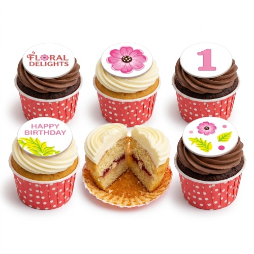 Assortment of floral birthday cupcakes with pink flowers, green leaves, "Happy Birthday" message, and a number 1 topper.
