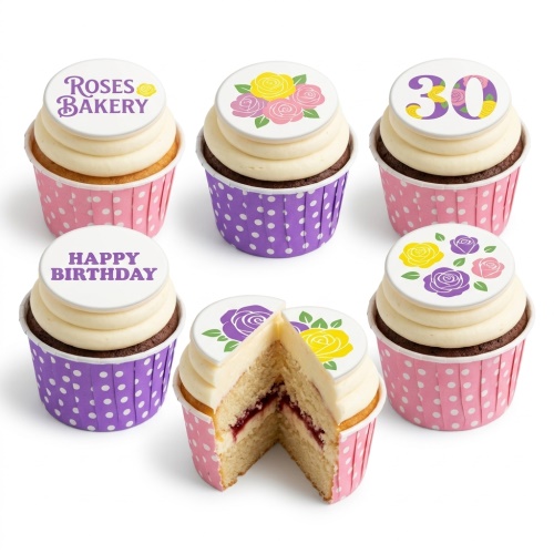 Assortment of floral birthday cupcakes with rose designs, 'Happy Birthday' message, and a custom age topper.