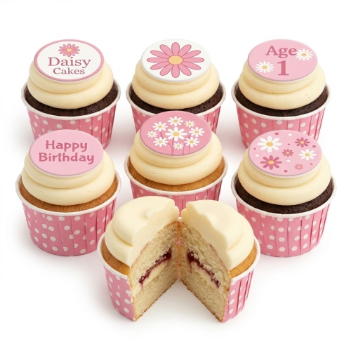 Daisy themed birthday cupcakes with pink polka dot wrappers and custom age toppers.