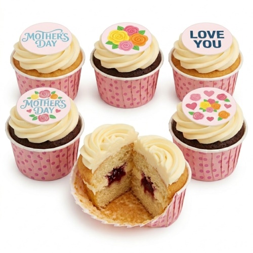 Six cupcakes with white buttercream, pink polka dot wrappers, and Mother's Day, floral, and Love You toppers.