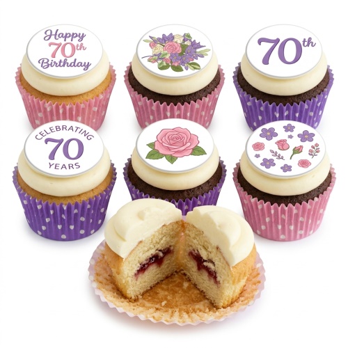 Cupcakes with white frosting and edible toppers featuring 'Happy 70th Birthday' text and floral designs.