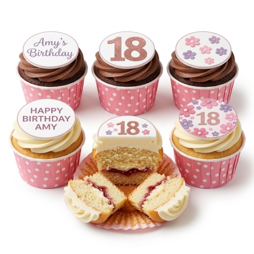 Assortment of floral birthday cupcakes with custom age and message toppers in pink polka dot cases.