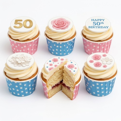 Six cupcakes with white frosting, pink and blue polka dot cases, and edible floral and custom age 50 toppers.