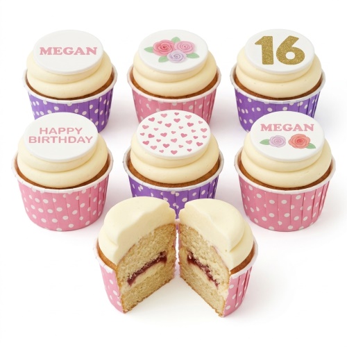 Set of personalised birthday cupcakes with floral, heart, and custom age toppers in pink and purple cases.