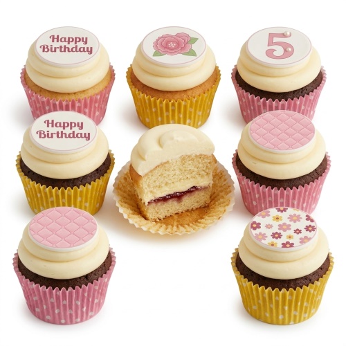 Set of eight cupcakes with white frosting, pink and yellow wrappers. Toppers include a pink rose, a number 5, 'Happy Birthday' messages, quilted patterns, and a small floral pattern.