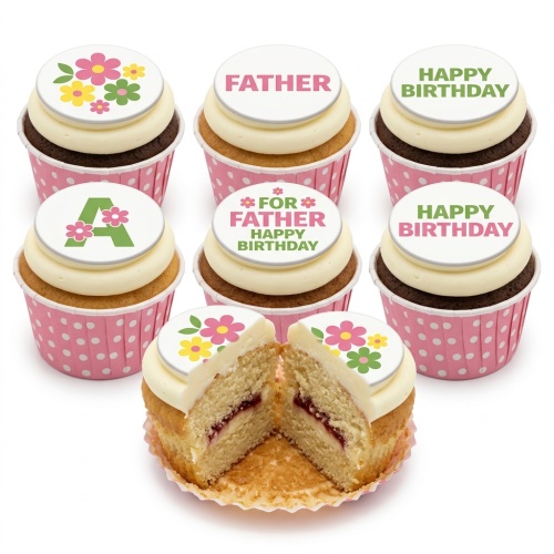 Assortment of personalised birthday cupcakes with floral, initial, and message toppers.