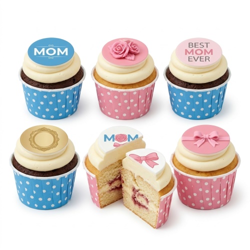 Six Mothers Day cupcakes with 'MOM', 'BEST MOM EVER', rose, bow, and blank frame toppers.