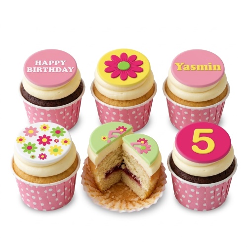 Set of floral birthday cupcakes with daisy decorations, custom age topper, and personalised name topper.