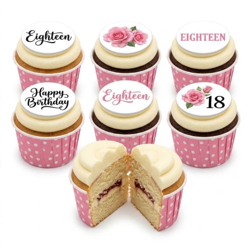Pink polka dot cupcakes with white icing, floral rose toppers, and 'Eighteen' and 'Happy Birthday' messages.
