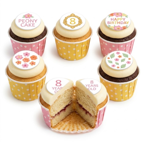 Six cupcakes with white frosting and edible floral, 'Happy Birthday', and custom age toppers.
