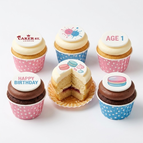 Assortment of pastel birthday cupcakes with custom age topper, 'Happy Birthday' message, and macaron decorations.