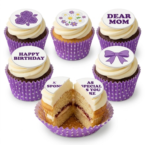 A set of purple and white birthday cupcakes for her, with floral, bow, and 'Happy Birthday' toppers.