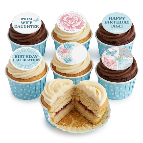Elegant floral and butterfly birthday cupcakes with custom age and message toppers.