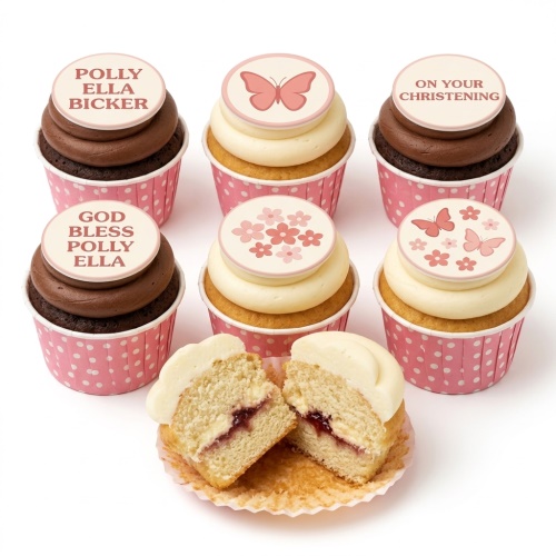 Christening cupcakes for girls with pink butterfly and floral toppers and custom messages.