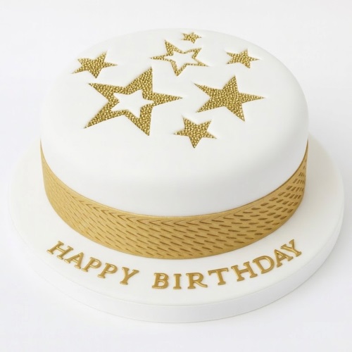 Round white birthday cake with gold stars and a textured gold band, with 'Happy Birthday' written on the board.