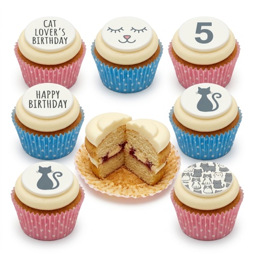 Assortment of cat-themed birthday cupcakes with various cat designs, a 'Happy Birthday' message, and a number 5 topper.