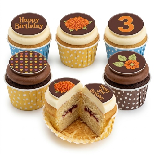 Assortment of kids birthday cupcakes with floral, polka dot, custom age, and 'Happy Birthday' chocolate toppers.