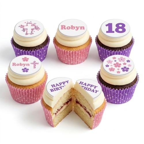 Six cupcakes with white frosting, pink and purple cases, and floral, custom name, and custom age toppers.