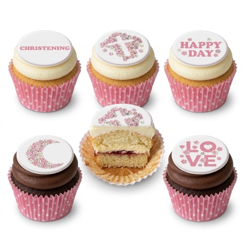 Set of Christening cupcakes with floral cross, 'CHRISTENING', 'HAPPY DAY', 'LOVE' toppers, pink wrappers.