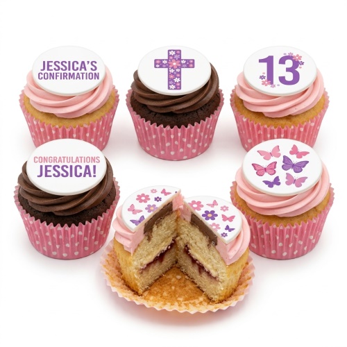 White round Confirmation cupcakes with a floral cross design, pink and purple flowers, and butterflies.